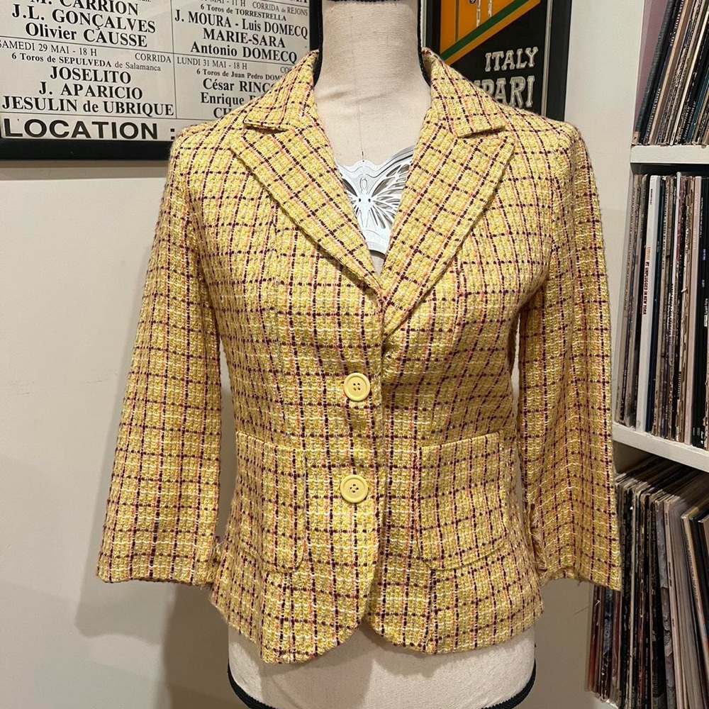 yellow tweed plaid jacket by dm bm